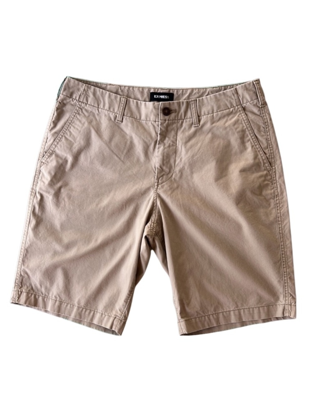 Express Men’s Classic Fit Khaki Flat Front At-The-Knee Shorts Size 33